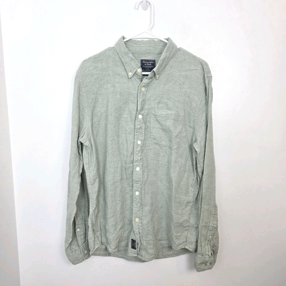 Abercrombie & Fitch Green White Pinstripe 100%‎ Linen Button Up Shirt Size Large